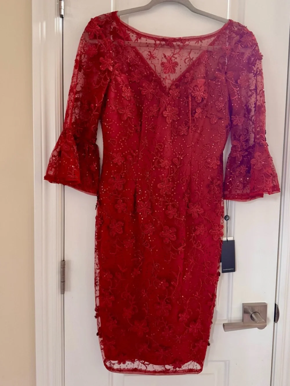 Adrianna Papell Floral Sequin Embroidered Lace Cocktail Dress 2 Pink Bell Sleeve - Picture 5 of 14
